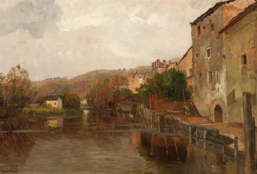 Paisaje fluvial con casas